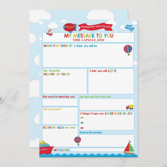 Convite Transportation Activity Time Capsule Message Card  (Frente/Verso)