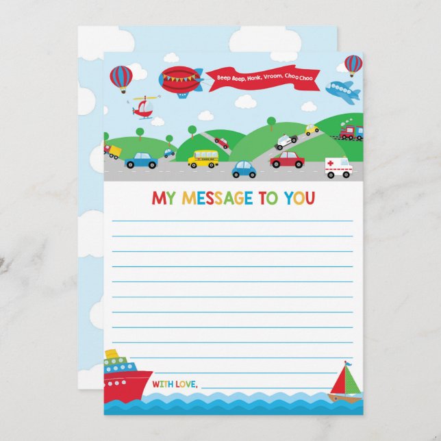 Convite Transportation Activity Time Capsule Message Card (Frente/Verso)