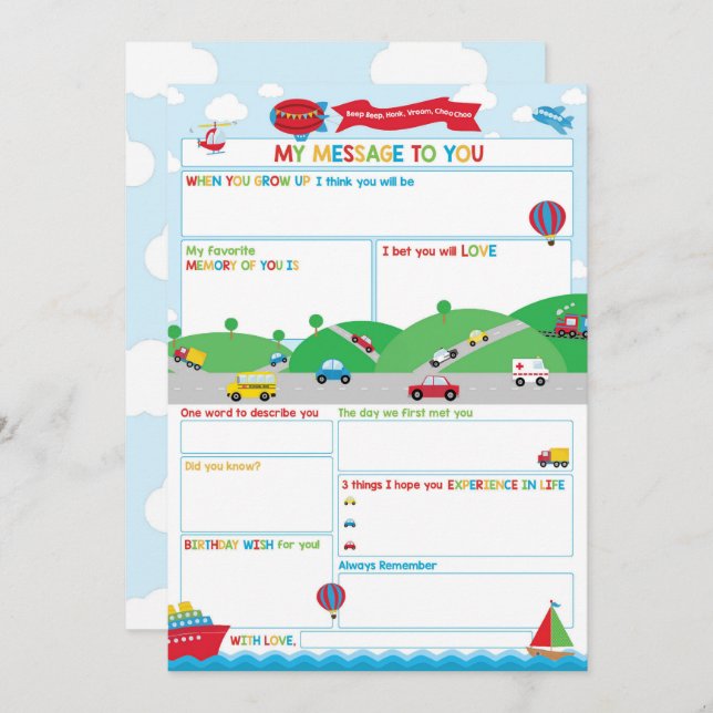 Convite Transportation Activity Time Capsule Message Card  (Frente/Verso)