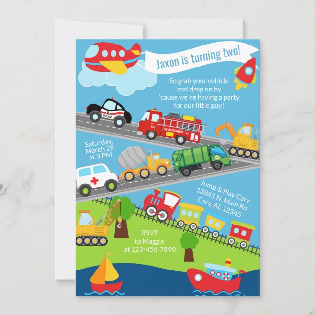 Convite Transportation vehicles boy birthday invite. (Frente)