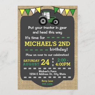 Convite Trator Birthday Invite, Trator Verde e Amarelo