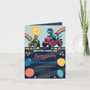 Convite Trator de dinossauro rosa caminhão arco-íris Anive