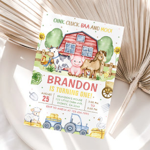 Convite Trator Farm Animais Oink Baa Moo primeiro aniversa