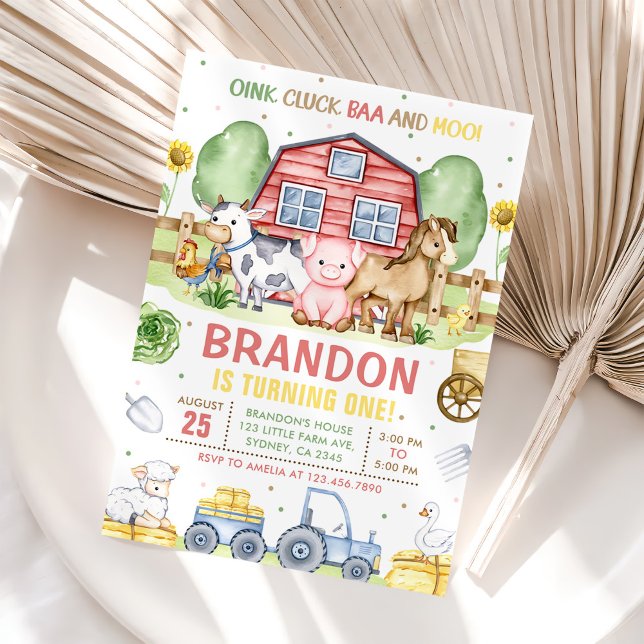Convite Trator Farm Animais Oink Baa Moo primeiro aniversa (Criador carregado)