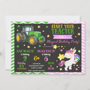 Convite Trator Verde e Unicórnio Aniversário Conjunto