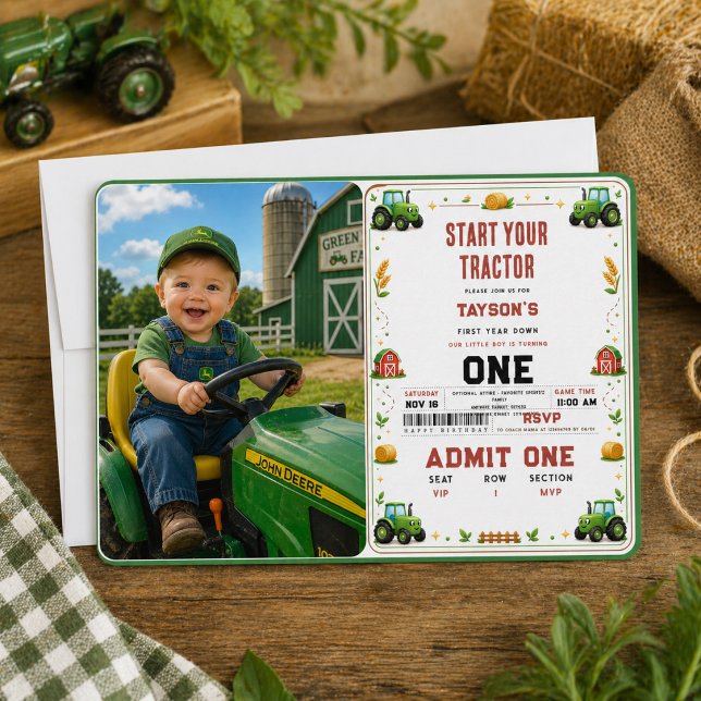 Convite Trator Verde Rústico Fazenda 1º aniversário (Rustic Green Tractor Farm 1st birthday Invitation
)