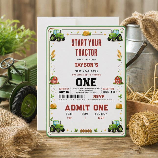 Convite Trator Verde Rústico Fazenda Primeiro Ano Bilhete  (Rustic Green Tractor Farm 1st birthday Invitation
)