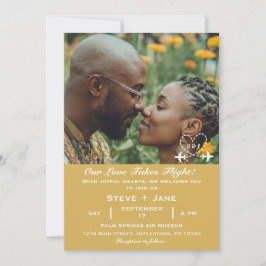 Convite Travel Airplane Heart Modern Gold White Wedding