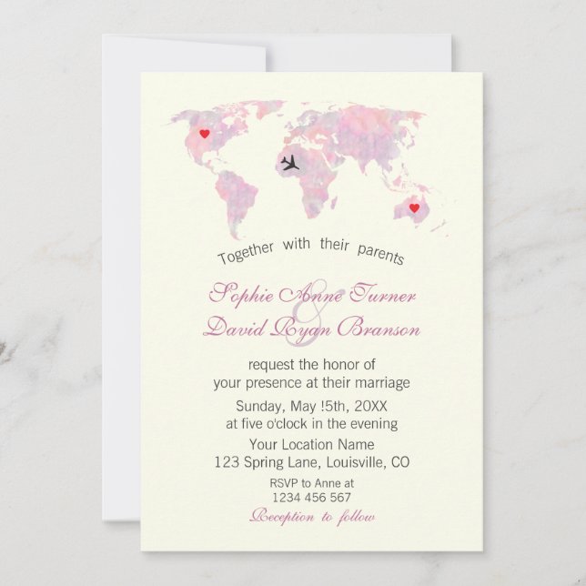 Convite Travel Wedding Watercolor World Map Ivory (Frente)