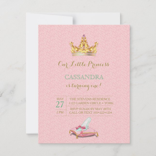 Convite Travessa de Vidro da Princesa Tiara Rosa Damask (Frente)