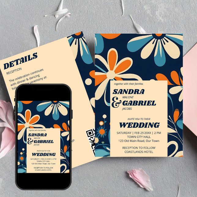 Convite Trazendo flores de margarida de 70 anos, casamento (Retro 70ies teal blue daisy flowers wedding all in one editable template invitation digital download)
