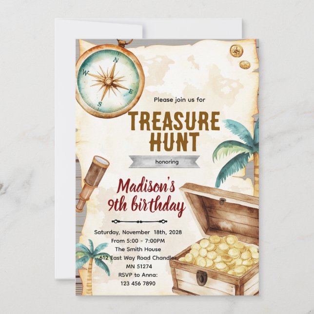 Convite Treasure hunt birthday party theme invitation (Frente)