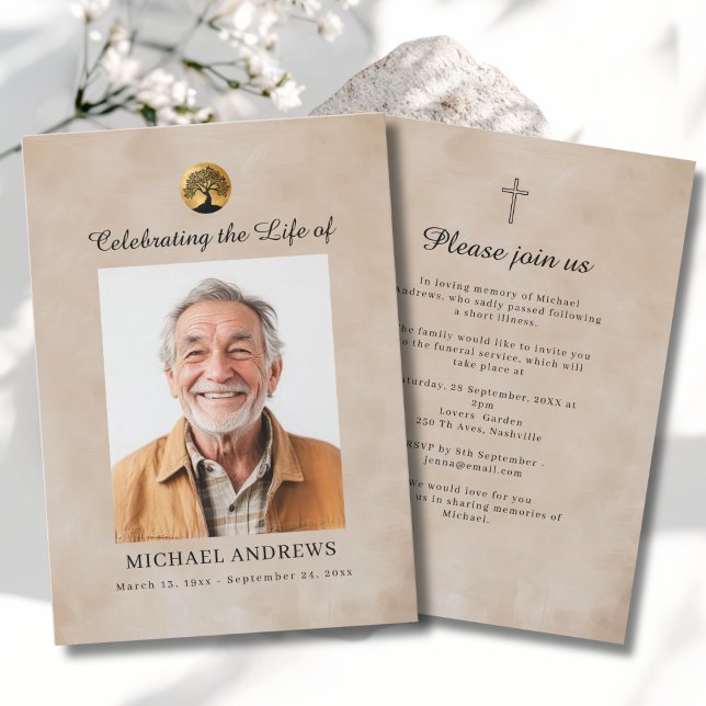 Convite Tree of Life - Celebration of Life Funeral Photo  (Tree of Life - Celebration of Life  Funeral Photo Cross Beige Invitation)