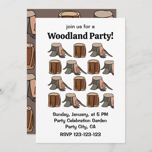 Convite Tree Stump Woodland Party (Frente/Verso)