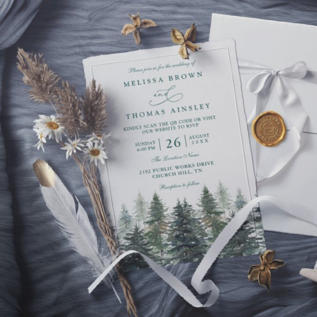 Convite Trees Pine Rustic Forest Elegant QR Code Wedding (Criador carregado)