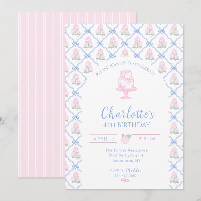 Convite Treliça de Hortênsia Verde Rosa com Laço Azul (Frente/Verso)