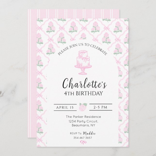 Convite Treliça de Hortênsias Rosa e Verde com Laços (Frente/Verso)