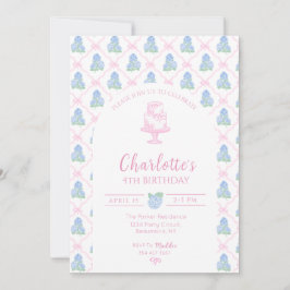 Convite Trellis de Hortênsia Azul Verde com Laço Rosa