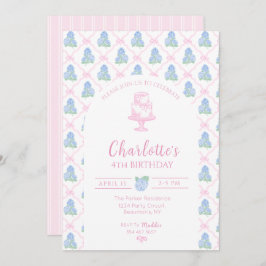 Convite Trellis de Hortênsia Azul Verde com Laço Rosa