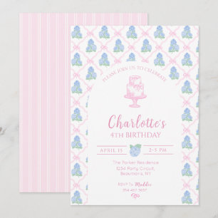 Convite Trellis de Hortênsia Azul Verde com Laço Rosa