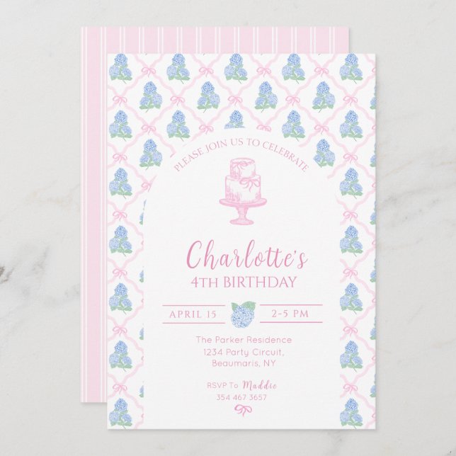 Convite Trellis de Hortênsia Azul Verde com Laço Rosa (Frente/Verso)