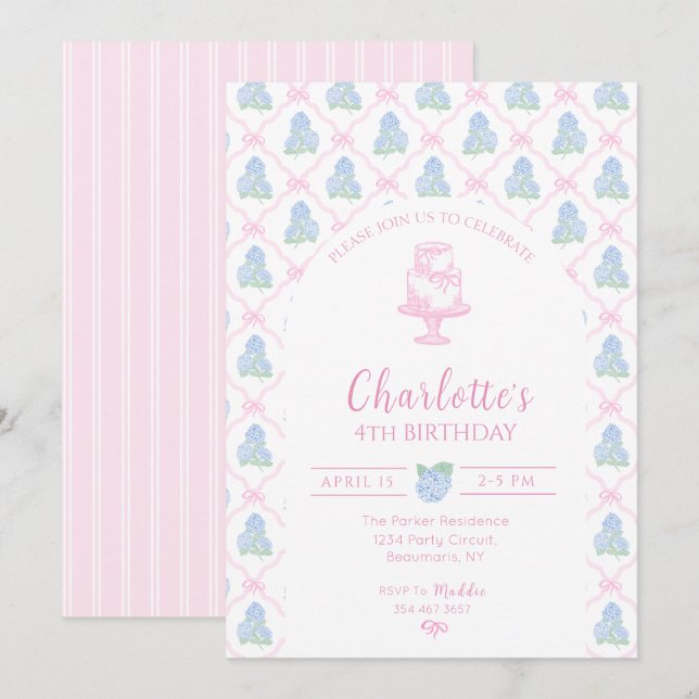 Convite Trellis de Hortênsia Verde Azul com Laço Rosa (Frente/Verso)