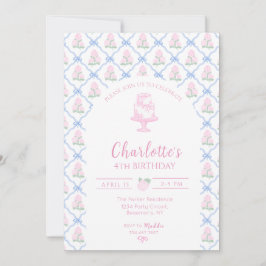 Convite Trellis de Hortênsia Verde Rosa com Laço Azul