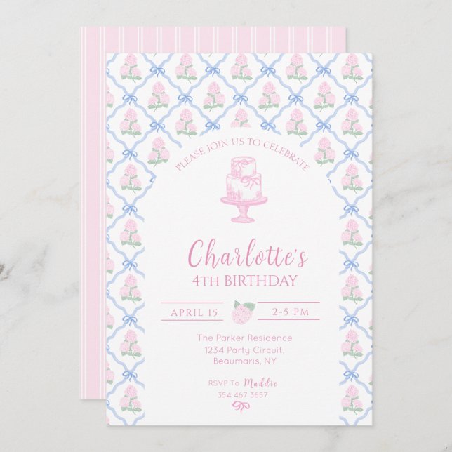 Convite Trellis de Hortênsia Verde Rosa com Laço Azul (Frente/Verso)