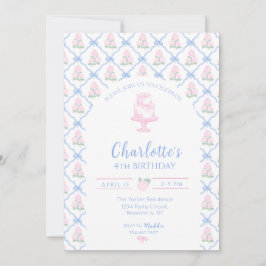 Convite Trellis de Hortênsia Verde Rosa com Laço Azul