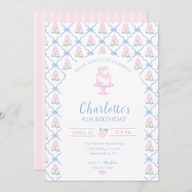 Convite Trellis de Hortênsia Verde Rosa com Laço Azul (Frente/Verso)