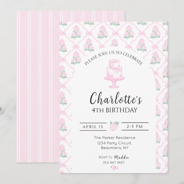 Convite Trellis de Hortênsias Rosa e Verde com Laços (Frente/Verso)