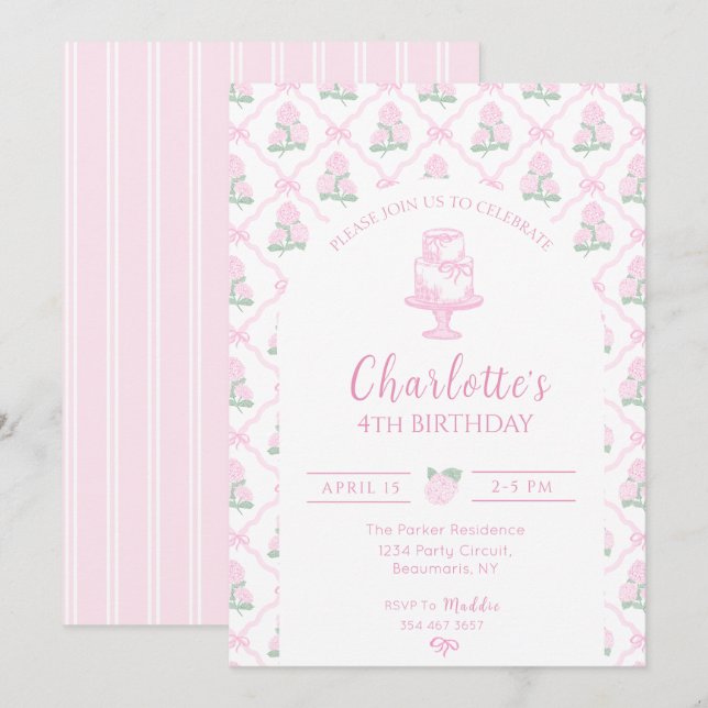 Convite Trellis de Hortênsias Rosa e Verde com Laços (Frente/Verso)