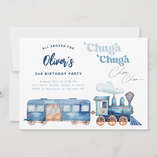 Convite Trem Azul Chuga Chuga Choo Choo Aniversário Modern (Frente)