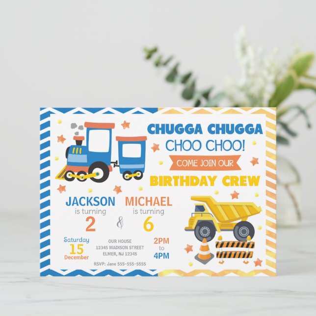 Convite Trem Choo Choo e Construção Aniversário Conjunto (Em pé/Frente)