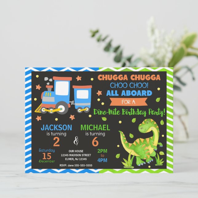 Convite Trem Choo Choo e Dinossauro Aniversário Conjunto (Em pé/Frente)