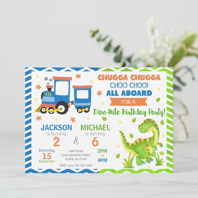 Convite Trem Choo Choo e Dinossauro Aniversário Conjunto (Em pé/Frente)
