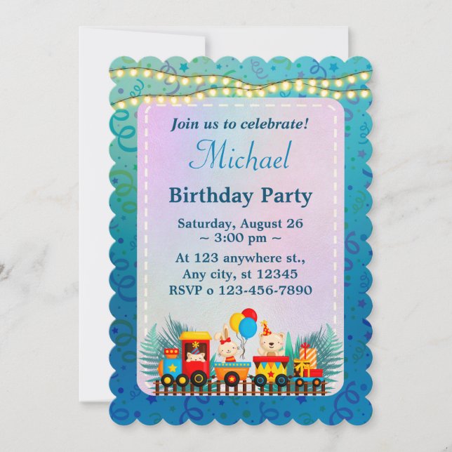 Convite Trem de Aniversário Feliz Com Desejos de Animais F (Frente)
