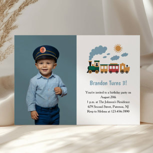 Convite Trem de Menino Fofo Foto Festa de 3º Aniversário