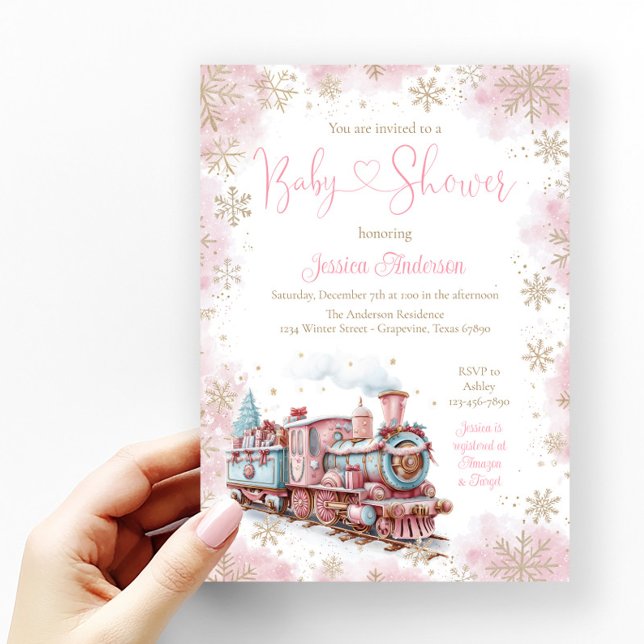 Convite Trem de Natal para Menina, Chamada de Chá de Bebê  (Pink and gold snowflake baby shower invitation with cute pastel Christmas train.)