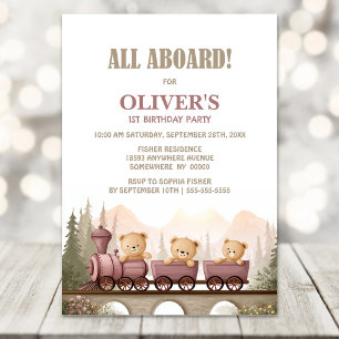 Convite Trem de Urso Teddy Fofo para Festa de 1º Aniversár
