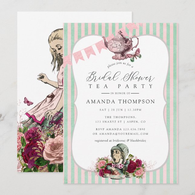 Convite Trend Alice No Chá de panela Do Tea Party No País  (Frente/Verso)