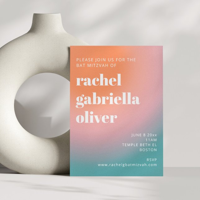 Convite Trendent Retro Gradient Turquoise Pink Bat Mitzvah (Criador carregado)