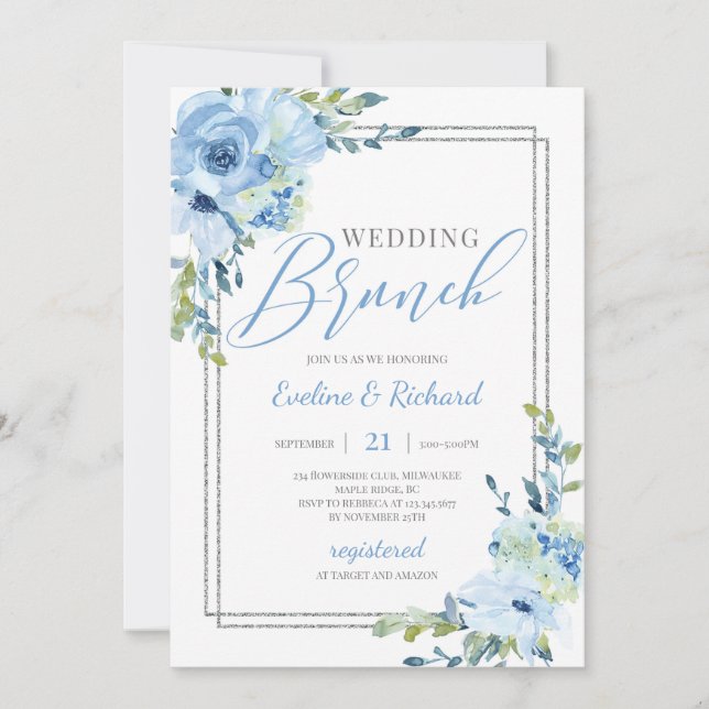 Convite Trending pó azul floral quadro prateado casamento (Frente)