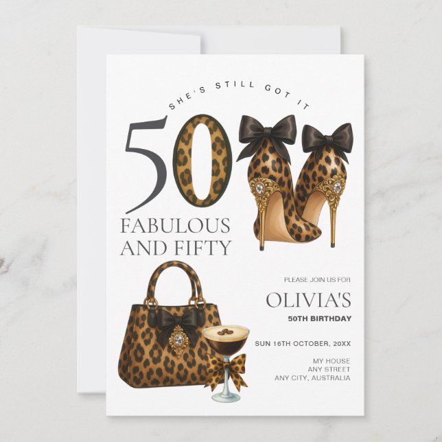 Convite Trendy 50th Leopard Imprime Fabuloso e 50 Aniversá (Frente)