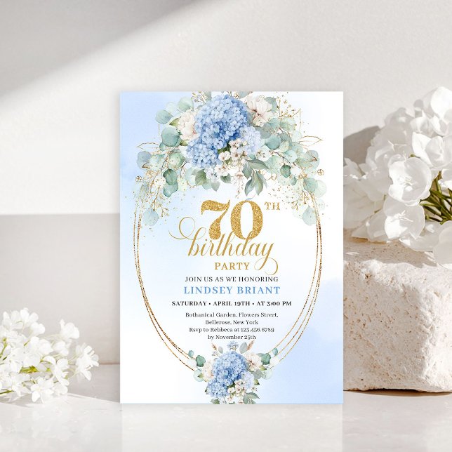 Convite Trendy 70th Birthday Pastel Blue Floral Invitation (Trendy 70th Birthday Pastel Blue Floral Invitation)