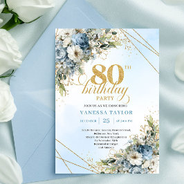 Convite Trendy 80th Birthday Invitation Blue White Florals