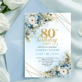 Convite Trendy 80th Birthday Invitation Blue White Florals
