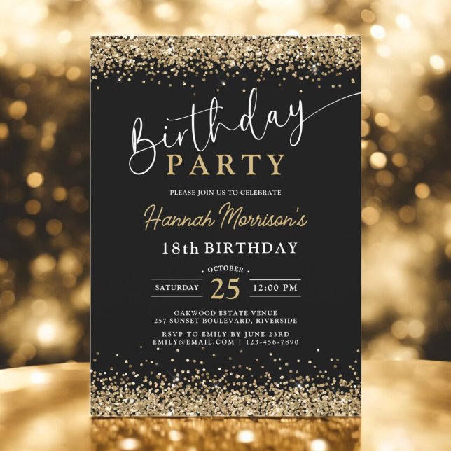 Convite Trendy Black 18th Glitter, Dourado, qualquer Anive (Criador carregado)