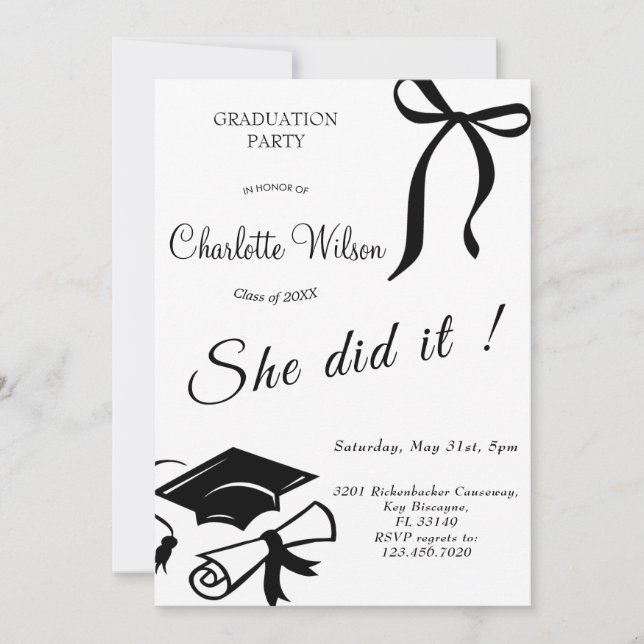 Convite Trendy Black Bow Graduation Party Invitation (Frente)