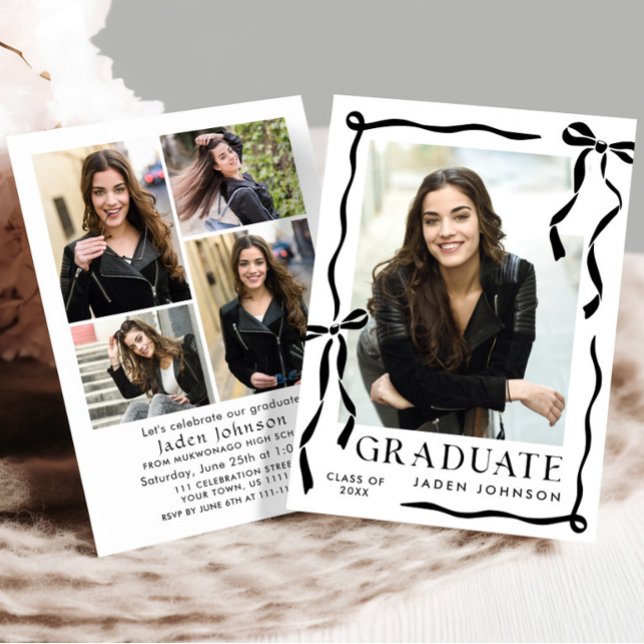 Convite Trendy Black Bow Ribbon 5 PHOTO Graduation Party (Criador carregado)